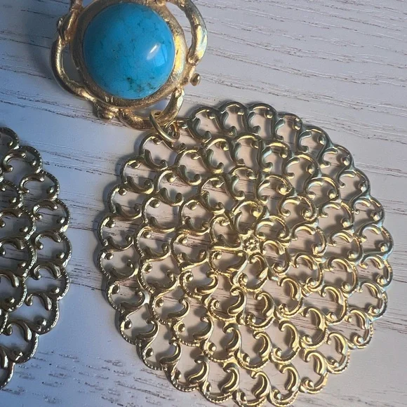 Susan Shaw Elegant Gold and Turquoise Filigree Earrings - Picture 6 of 10
